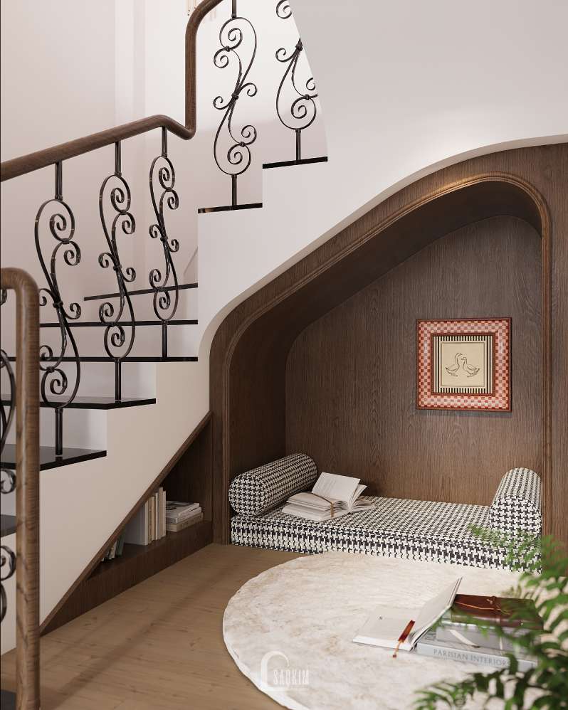 Không gian tủ gầm cầu thang phong cách Wabi Sabi tại thiết kế nhà phố Long Biên 
